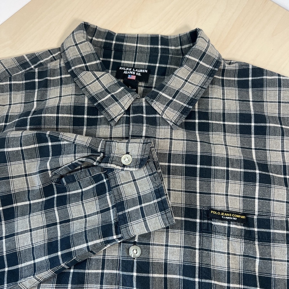 Polo Jeans Co. Ralph Lauren Men's L Gray Plaid Long Sleeve Button Down Shirt
